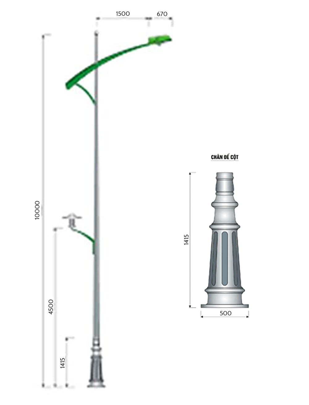 CỘT THÉP ĐẾ GANG DP01 CẦN ĐƠN CD04 + ĐÈN JUPITER NGANG CỘT